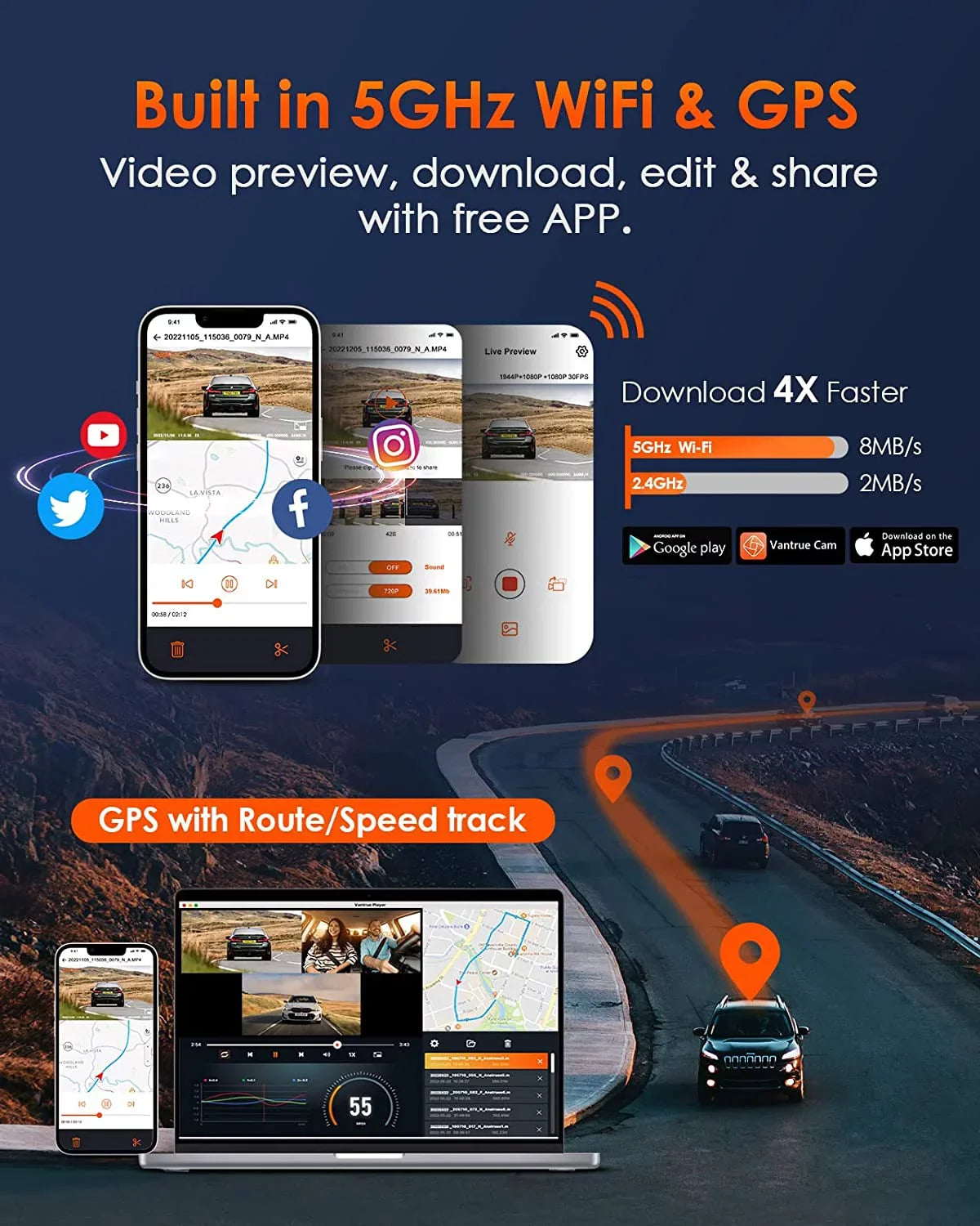 Vantrue E3 2.5K 3 Channel WiFi Dash Cam 1944P+1080P+1080P Front and Rear Inside 3 Way GPS Dash Camera for Car Voice Control IR Night Vision 24 Hrs Parking Mode Motion Detection