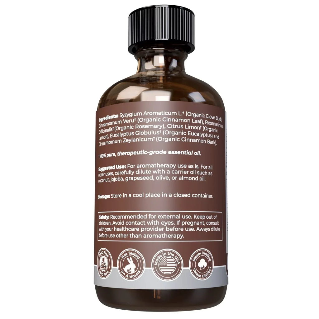 Organic Thieves Oil Essential Oil (4 oz | 118 ml) — USDA Certified Therapeutic Grade For Essential Oil Diffuser — Oil Blend of Clove, Cinnamon, Rosemary Essential Oil, Lemon and Eucalyptus