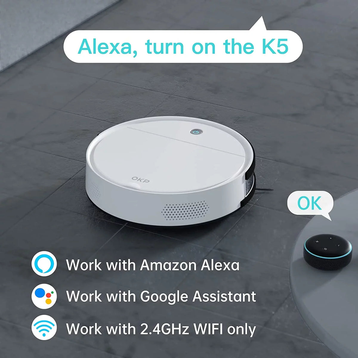 FJU Robot Vacuum Cleaner, 2500pa Strong Suction, Work with /APP, 120Mins Runtime, Quiet and Small Robotic Vacuum for Pet Hair, Low Pile Carpet, Hard Floor