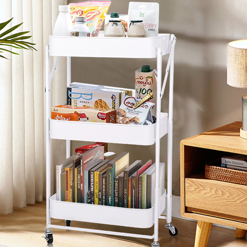 Utility Cart 3 Tier Rolling Cart With Wheels, Craft Storage Foldable Metal Utility Rolling Cart Shelves Folding Mobile Multi-Function Storage Organizer Cart for Home Library Office