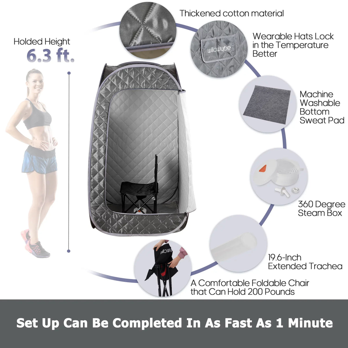 Full Size Portable Steam Sauna, Personal Home Spa with Bluetooth and Infrared Control, Steamer, Boby Tent, Foldable Chair, Portable Sauna for Home