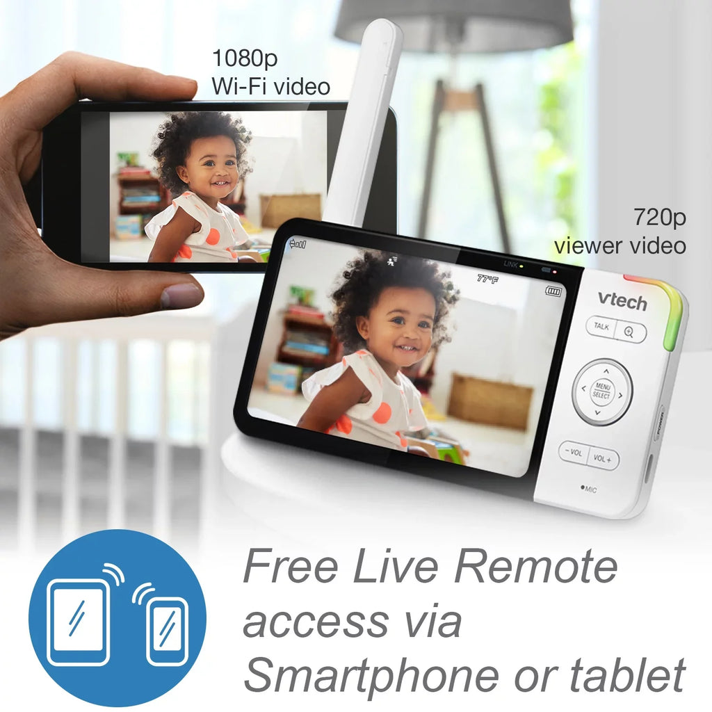 VTech Smart WiFi Video Baby Monitor with 5-inch High Definition Display and 1080p 360-Degree Panoramic Viewing Pan and Tilt HD Camera, RM5864HD, White