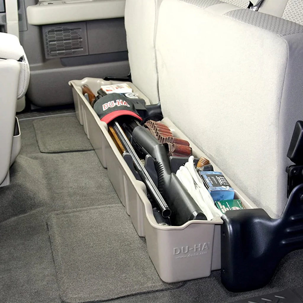 Gun Rack/Organizer; Vehicles w/o Factory Subwoofer; Gray; Fits select: 2013-2014  F150 SUPER CAB, 2011-2012  F150. DU-HA 20096 DU-HA Underseat Storage; Incl