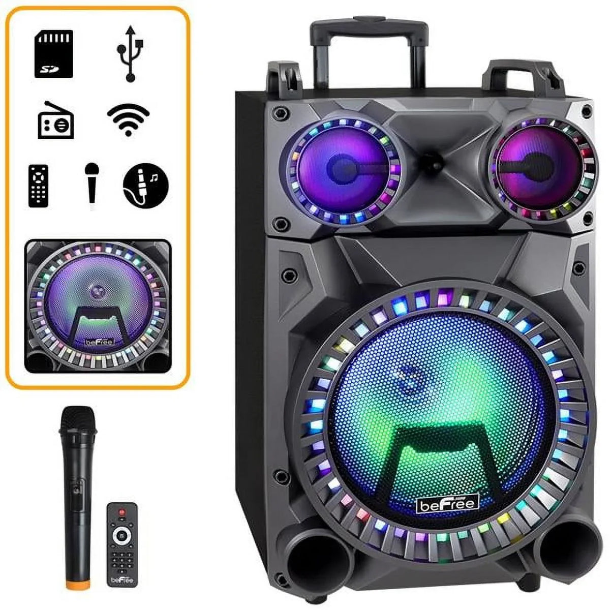 Rechargeable Bluetooth Portable Party Speaker with Party Lights, FM Radio & USB & TF Inputs. BeFree Sound  12 in