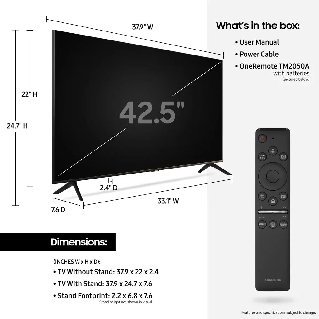 43" Class 4K Crystal UHD (2160P) LED Smart TV with HDR UN43TU8000 2020