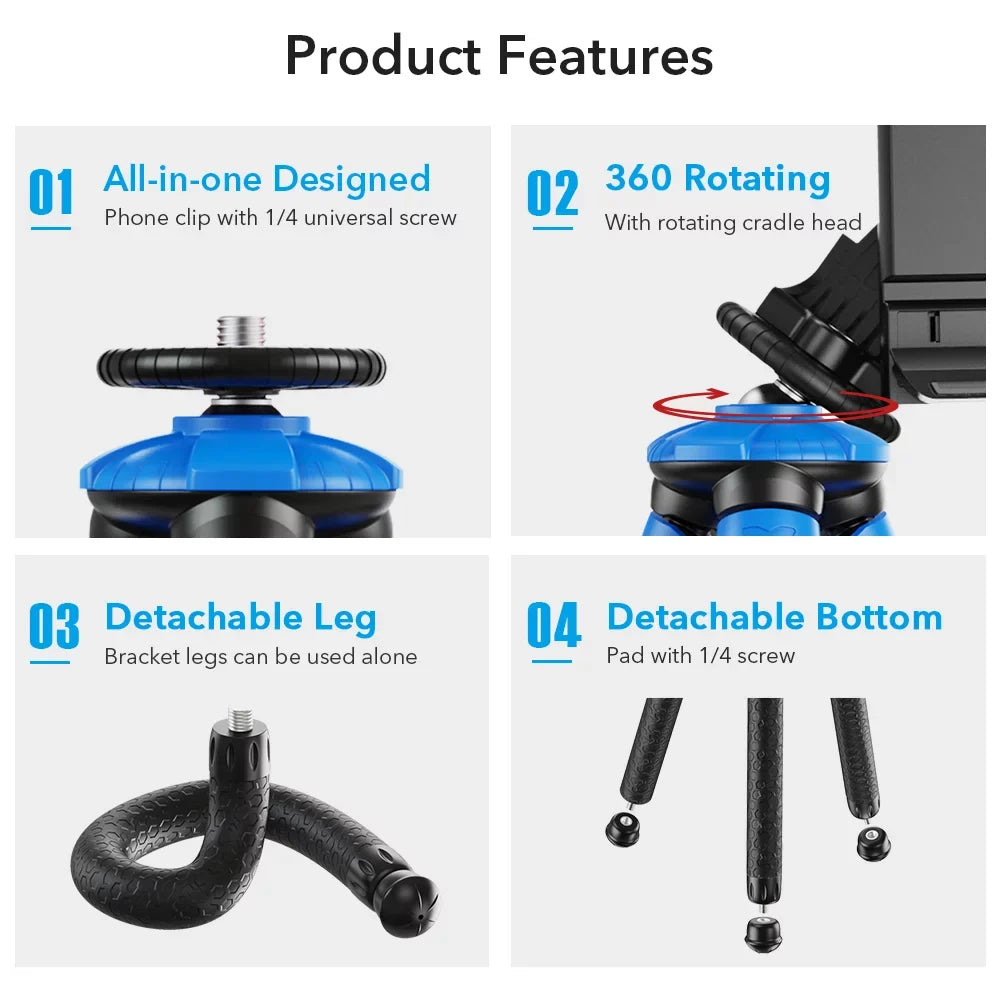 APEXEL APL-JJ07 Detachable Flexible Octopus Tripod Portable Mini Travel Mobile Phone Tripod with Foldable Phone Clip appropriate with GoPro DSLR Camera Max Load 3kg