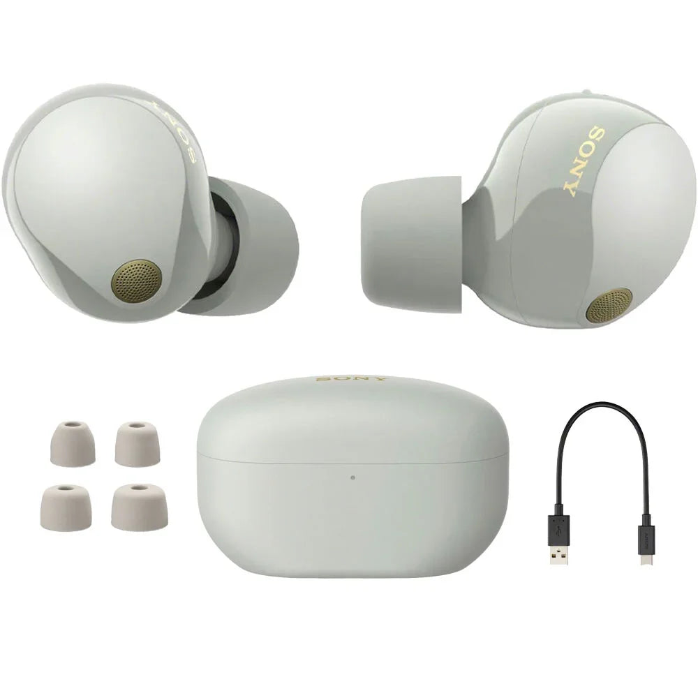 WF-1000XM5 Industry Leading Noise Canceling Truly Wireless Earbuds (Silver) Bundle with Silicone Case (Red), Memory Foam Ear Tips, USB-A to USB-C Cable & 1 YR CPS Enhanced Protection Pack