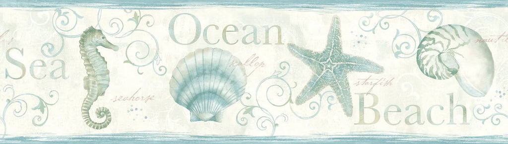 ft.. Chesapeake Island Teal Teal Seashells Border Prepasted Non Woven Blend Wallpaper, 6-in by 15-ft, 7.5 sq