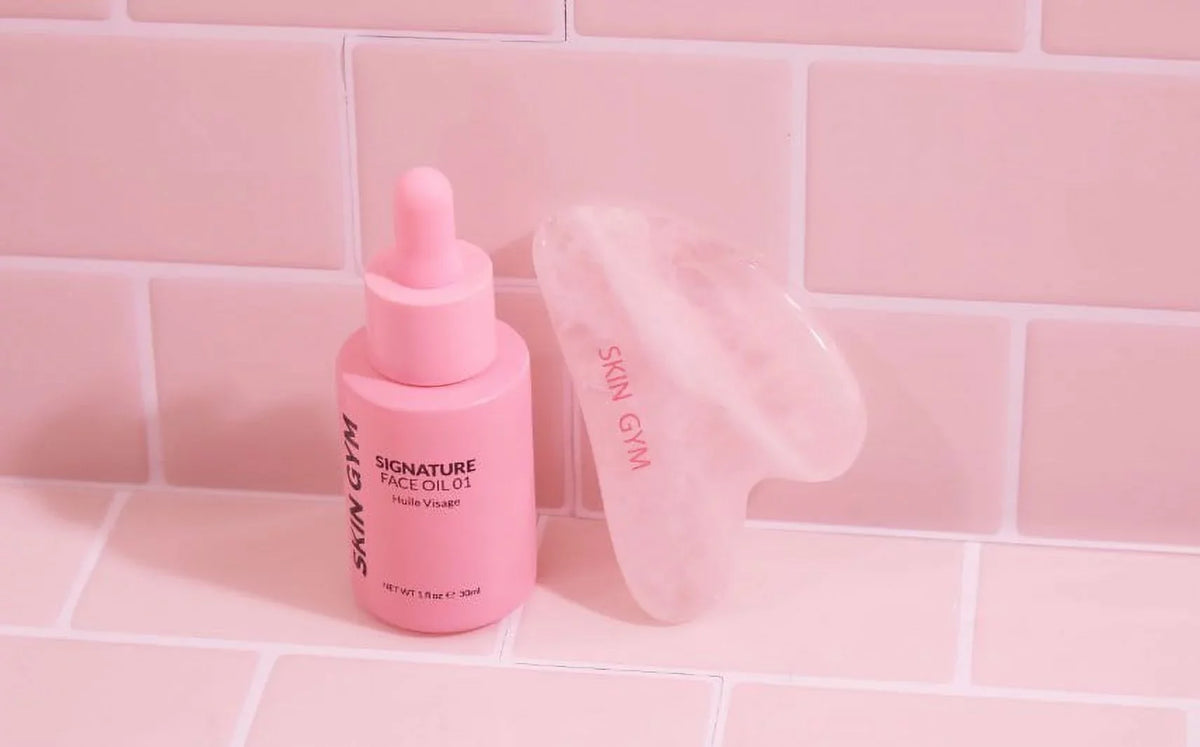 ($64 Value) Skin Gym Gua Sha Rose Quartz Workout Kit, Gua Sha + Signature Oil