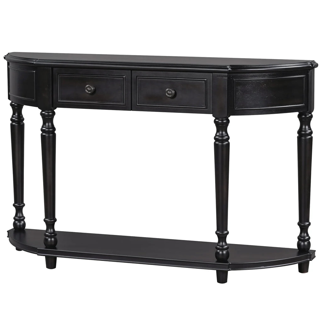 TREXM Retro Circular Curved Design Console Table with Open Style Shelf Solid Wooden Frame and Legs Two Top Drawers (Cherry + Antique Blue  OLD SKU  WF298768AAC)