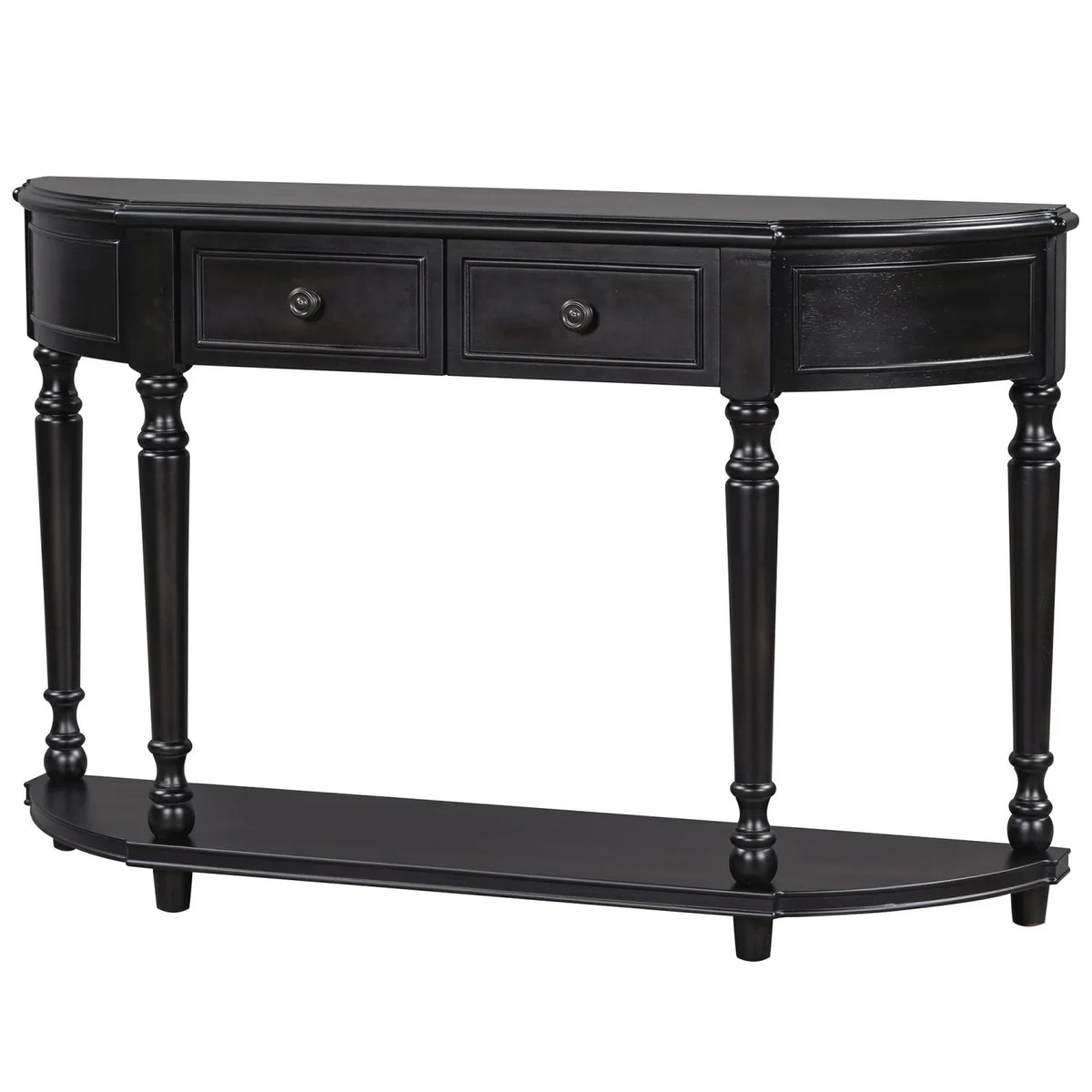 TREXM Retro Circular Curved Design Console Table with Open Style Shelf Solid Wooden Frame and Legs Two Top Drawers (Cherry + Antique Blue  OLD SKU  WF298768AAC)