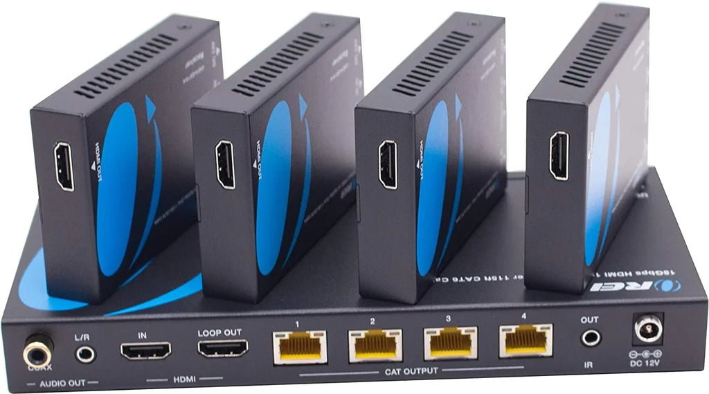 1x4 HDMI Extender Splitter 4K by OREI Multiple Over Single Cable CAT6/7 4K@60Hz 4:4:4 HDCP 2.2 With IR Remote EDID Management - Up to 115 Ft - Loop Out - Low Latency - Full Support
