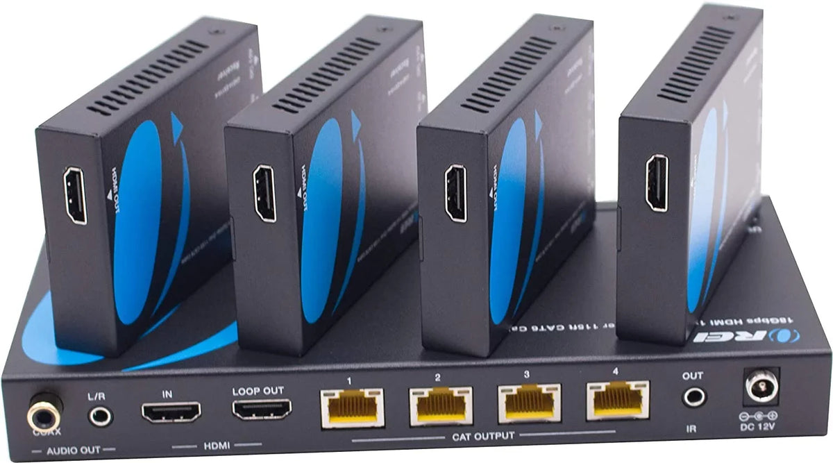 1x4 HDMI Extender Splitter 4K by OREI Multiple Over Single Cable CAT6/7 4K@60Hz 4:4:4 HDCP 2.2 With IR Remote EDID Management - Up to 115 Ft - Loop Out - Low Latency - Full Support