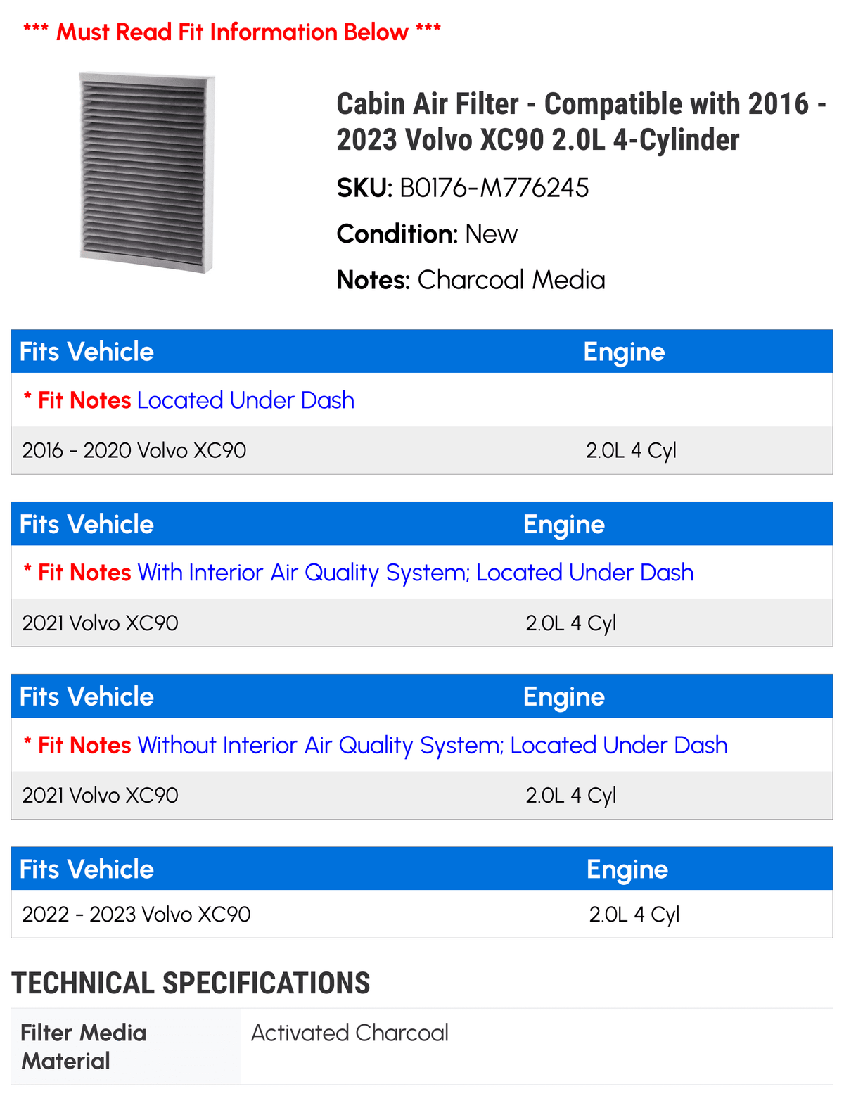 Cabin Air Filter - appropriate with 2016 - 2023 Volvo XC90 2.0L 4-Cylinder 2017 2018 2019 2020 2021 2022