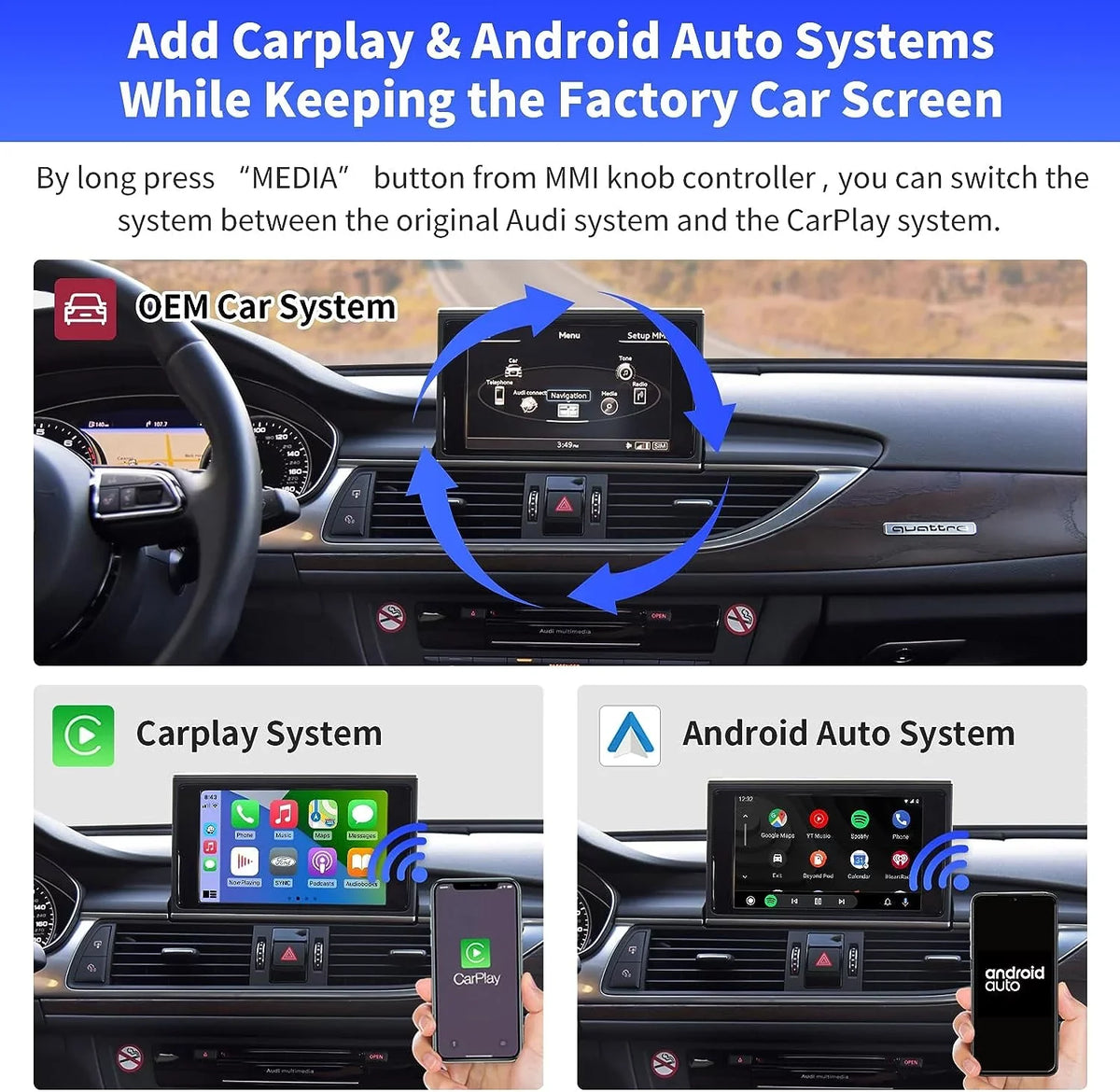 Road Top Wireless Carplay Retrofit Kit Decoder for Audi A6 2010-2016 Year with MMI 3G System, fit for Audi A7 2016-2018 Year with MIB2, Support Android Auto, Mirrorlink, Reverse Camera