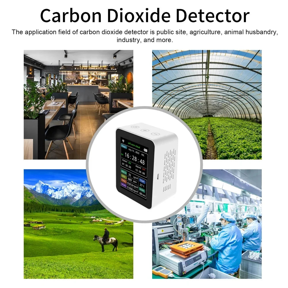 Wifi Intelligent Air superior Detector Pm2.5 Co2 Tvoc Hcho Temperature Humidity 6 In 1 Detector Time Date Week Display Mobilephone App Remotes Viewing 2 Sets Alarm Clock Home Indoor Desk