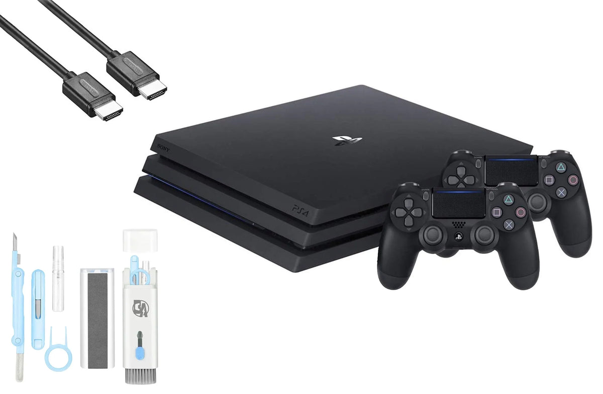 Pre-Owned  PlayStation 4 Pro 1TB Gaming Console Black HDMI Cable 2 Controller With BOLT AXTION Cleaning Kit Bundle (Refurbished: Like New)