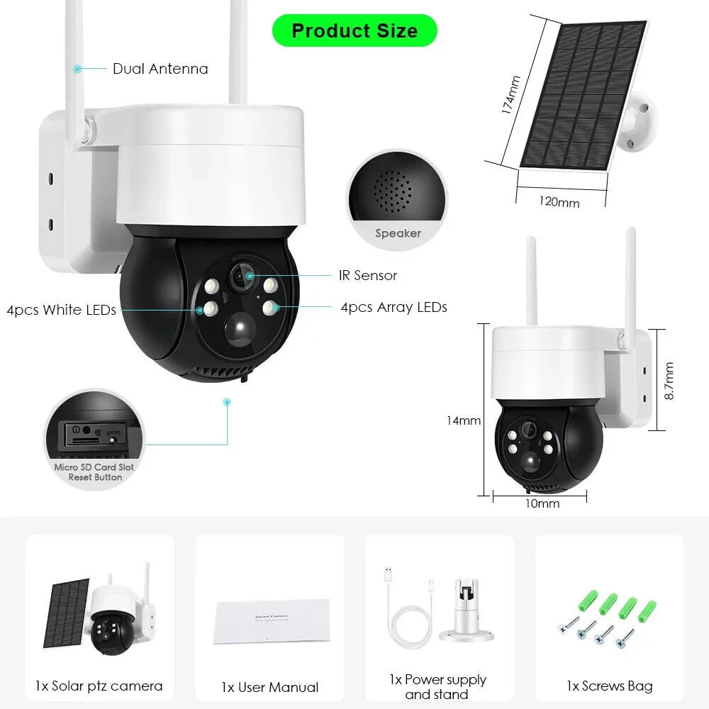 Solar Security Cameras Wireless Outdoor, 2K WiFi 360 PTZ Camera, Solar Powered Security Cameras with Spotlight & Siren, PIR Motion Detection, Color Night Vision, 2 Way Audio, 15000mAh Battery, Beisu