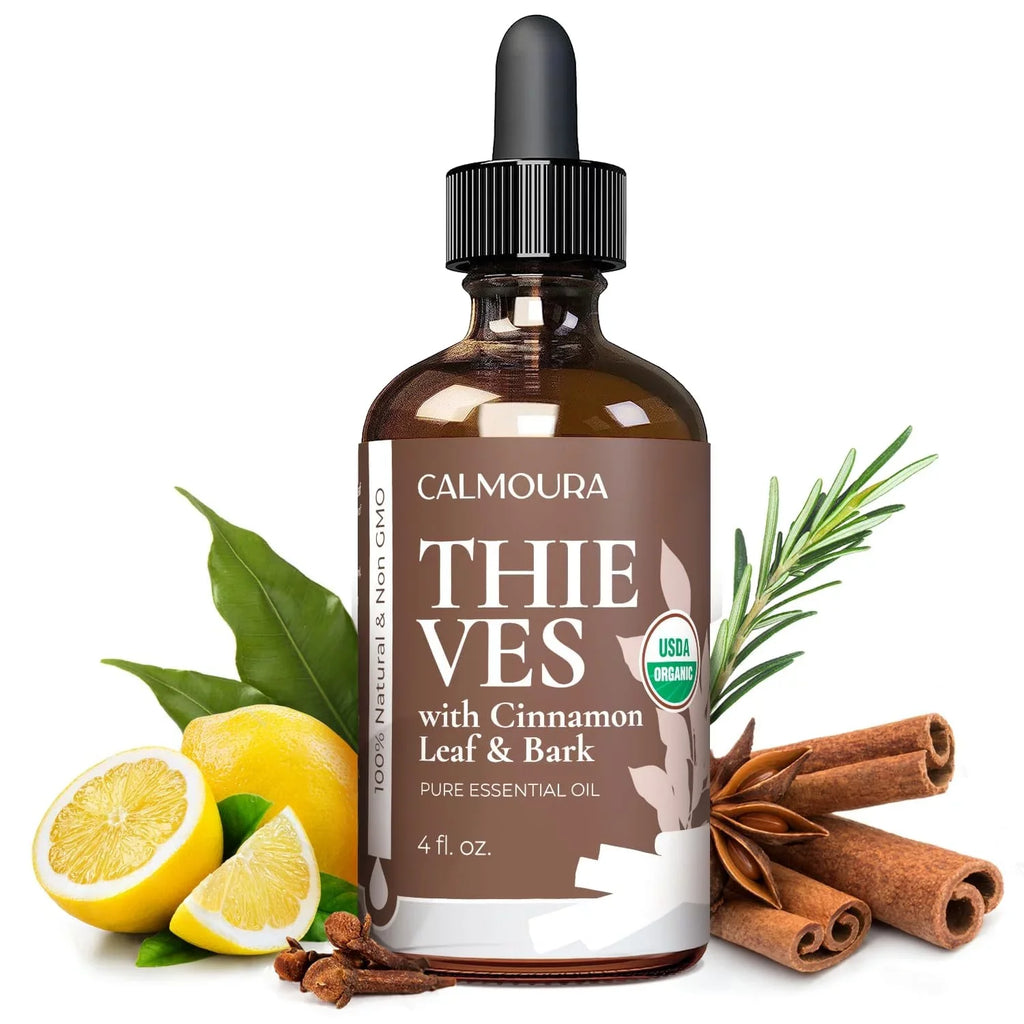 Organic Thieves Oil Essential Oil (4 oz | 118 ml) — USDA Certified Therapeutic Grade For Essential Oil Diffuser — Oil Blend of Clove, Cinnamon, Rosemary Essential Oil, Lemon and Eucalyptus