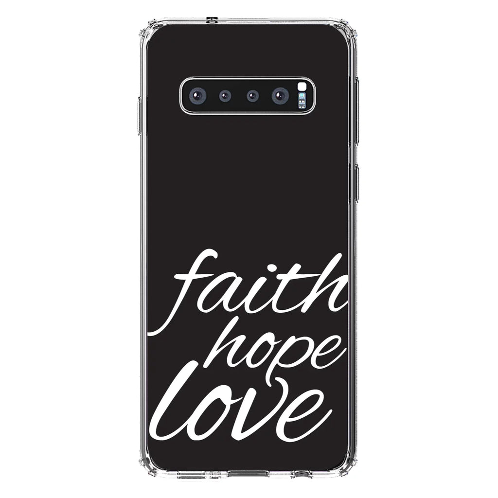 DistinctInk Clear Shockproof Hybrid Case for  Galaxy S10 (6.1" Screen) - TPU Bumper, Acrylic Back, Tempered Glass Screen Protector - Faith / Hope / Love - Black & White - Christ