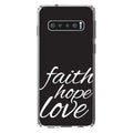 DistinctInk Clear Shockproof Hybrid Case for  Galaxy S10 (6.1" Screen) - TPU Bumper, Acrylic Back, Tempered Glass Screen Protector - Faith / Hope / Love - Black & White - Christ