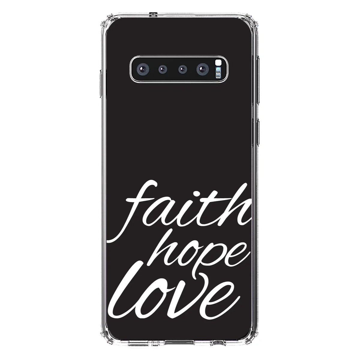 DistinctInk Clear Shockproof Hybrid Case for  Galaxy S10 (6.1" Screen) - TPU Bumper, Acrylic Back, Tempered Glass Screen Protector - Faith / Hope / Love - Black & White - Christ