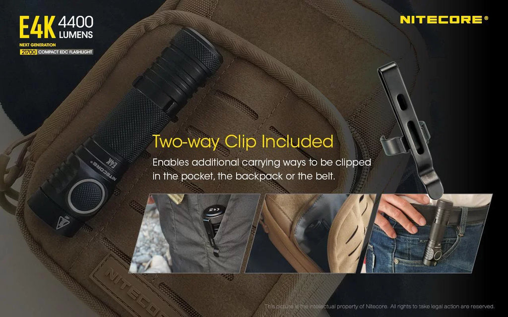 NITECORE E4K Next generation 21700 Compact EDC Flashlight -4400 Lumens - 1x NITECORE 21700 Rechargeable Li-ion Battery Included w/Eco-Sensa USB Fast 3Amp Wall Charger