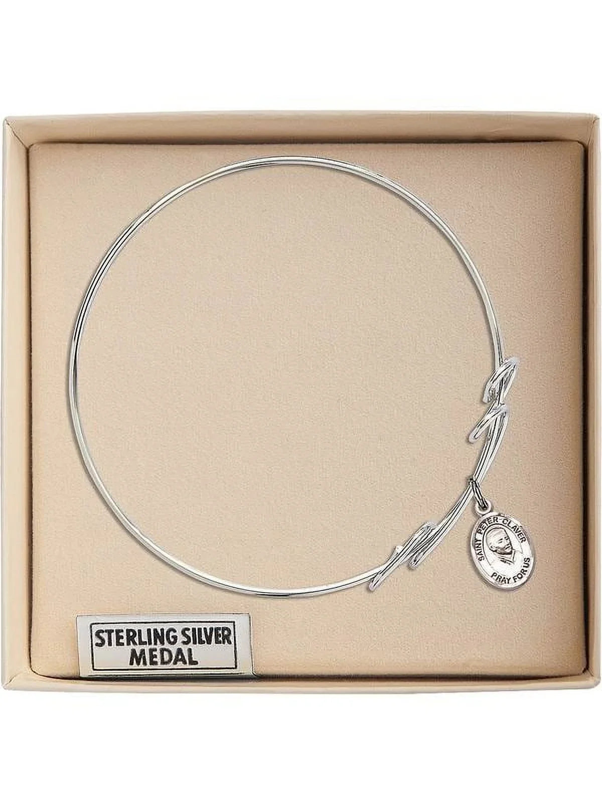 Peter Claver in Sterling Silver. 8 inch Round Double Loop Bangle Bracelet w/ St