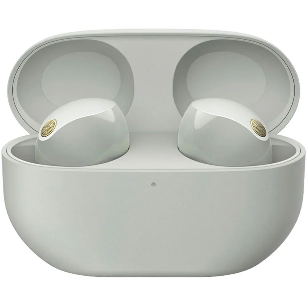 WF-1000XM5 Industry Leading Noise Canceling Truly Wireless Earbuds (Silver) Bundle with Silicone Case (Red), Memory Foam Ear Tips, USB-A to USB-C Cable & 1 YR CPS Enhanced Protection Pack