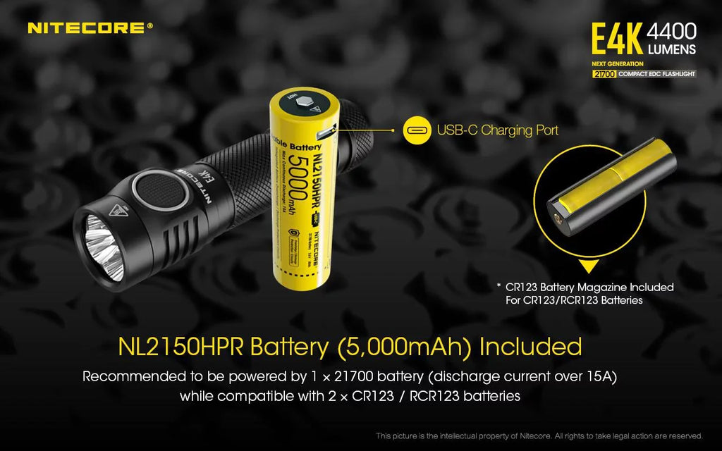 NITECORE E4K Next generation 21700 Compact EDC Flashlight -4400 Lumens - 1x NITECORE 21700 Rechargeable Li-ion Battery Included w/Eco-Sensa USB Fast 3Amp Wall Charger