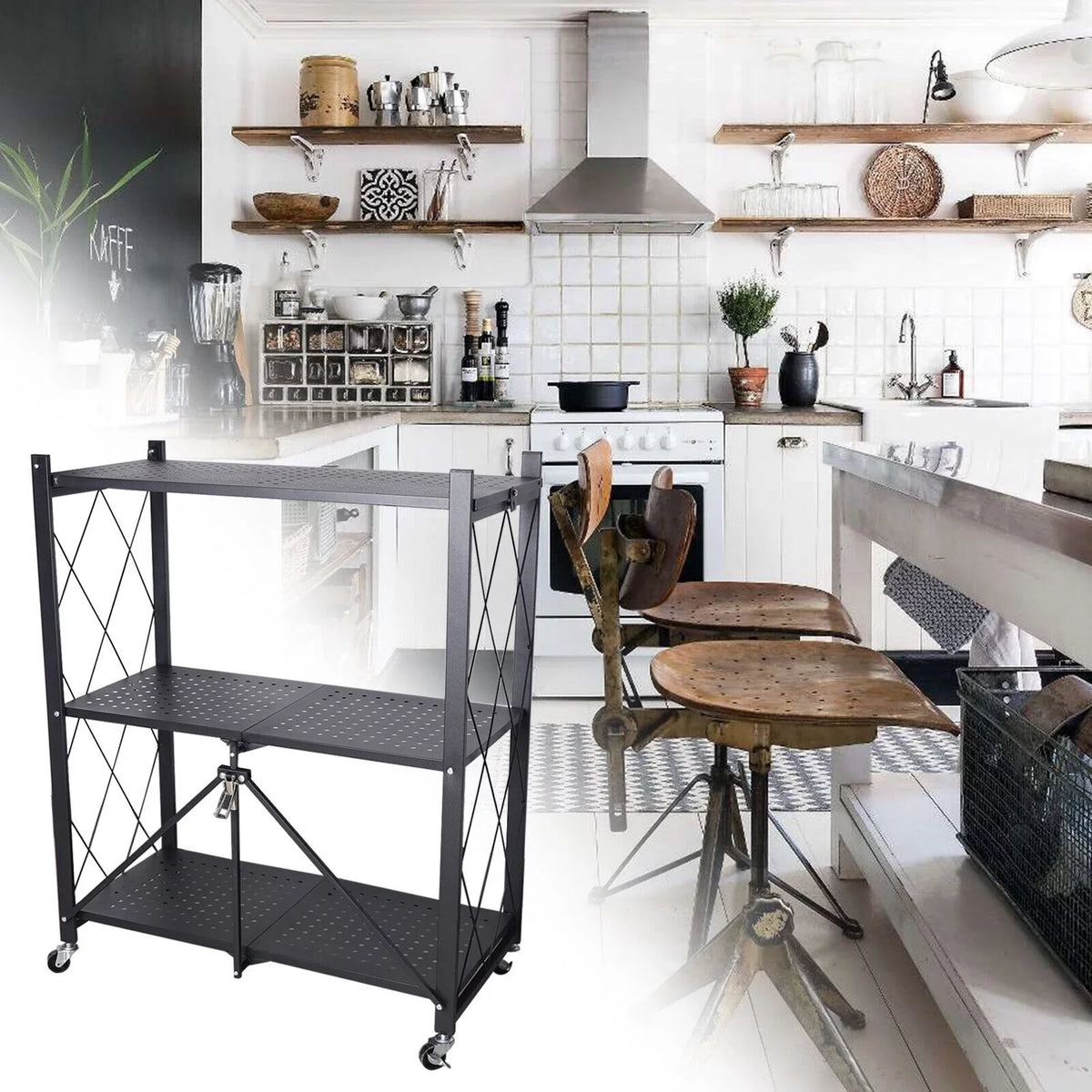 Storage 3 Tier Wide Folding Metal Shelf ,Rolling Trolley Utility Cart Black
