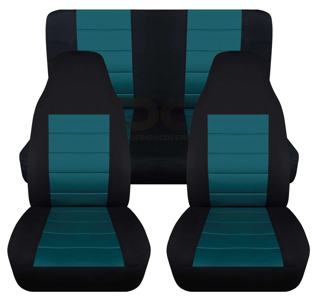 T402-Designcovers appropriate with 2003-2006 Jeep wrangler LJ 2door Seat Covers:Black and Teal- Full Set Front&Rear