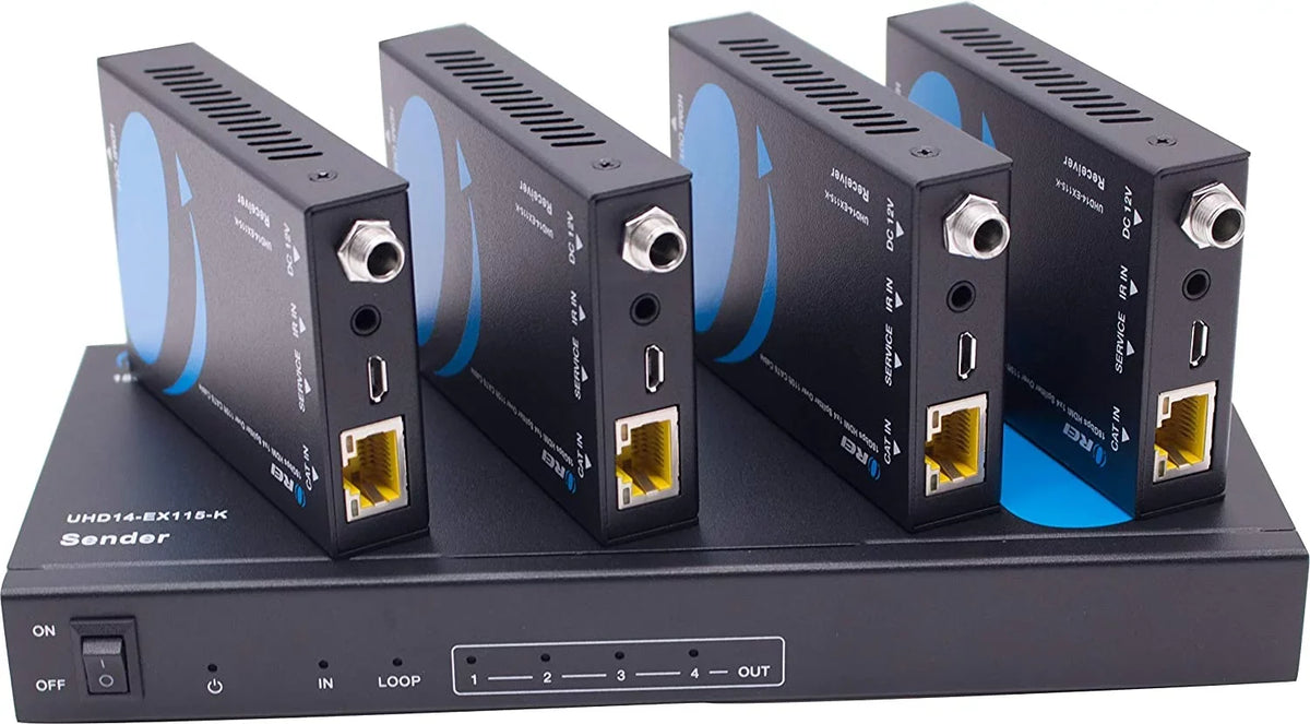 1x4 HDMI Extender Splitter 4K by OREI Multiple Over Single Cable CAT6/7 4K@60Hz 4:4:4 HDCP 2.2 With IR Remote EDID Management - Up to 115 Ft - Loop Out - Low Latency - Full Support