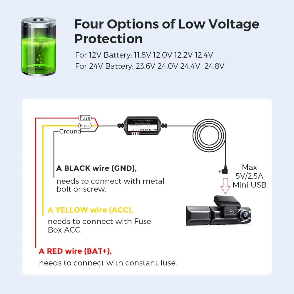3-Lead Acc Hardwire Kit Mini-USB Port for M550 Dash Cam, 12ft with Fuse Kit, for Dash Camera 24H Parking Monitor