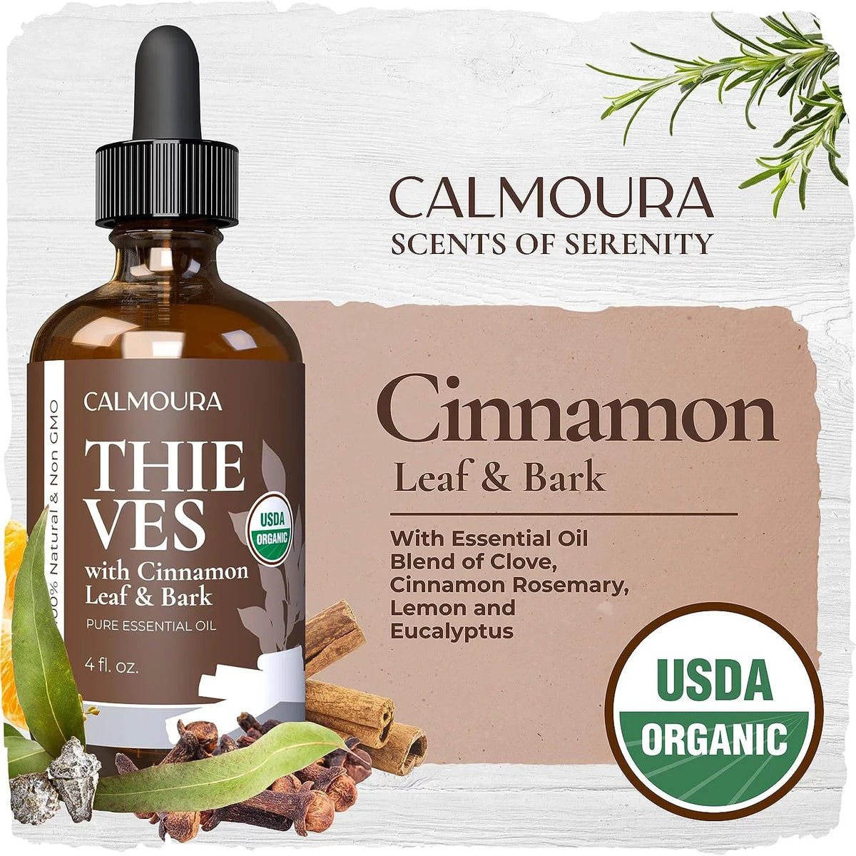 Organic Thieves Oil Essential Oil (4 oz | 118 ml) — USDA Certified Therapeutic Grade For Essential Oil Diffuser — Oil Blend of Clove, Cinnamon, Rosemary Essential Oil, Lemon and Eucalyptus