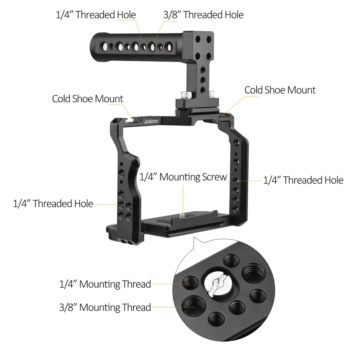 Andoer Camera Video Cage + Handle Kit Aluminum Alloy with Dual Cold Shoe Mounts Numerous 1/4 Inch Threads Replacement for  A7IV/ A7III/ A7II/ A7R III/ A7R II/ A7S II
