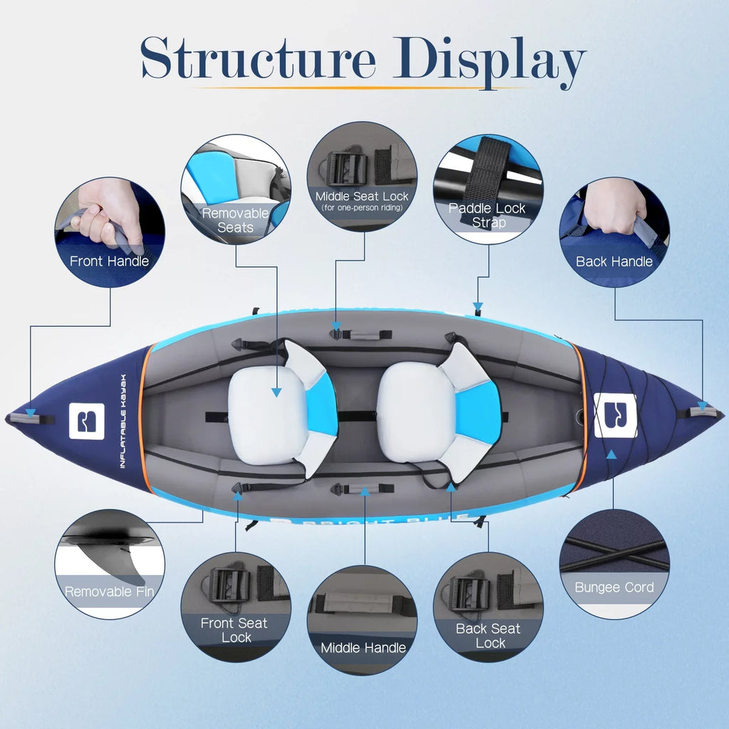 BRIGHT BLUE Inflatable Touring White aqua Paddling Kayak 1-2 Persons sit-on with Paddles,Hand Pump,Backpack,Fins