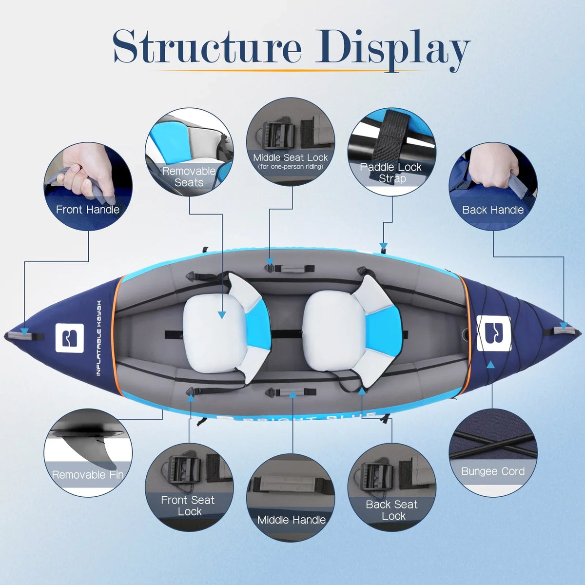 BRIGHT BLUE Inflatable Touring White aqua Paddling Kayak 1-2 Persons sit-on with Paddles,Hand Pump,Backpack,Fins