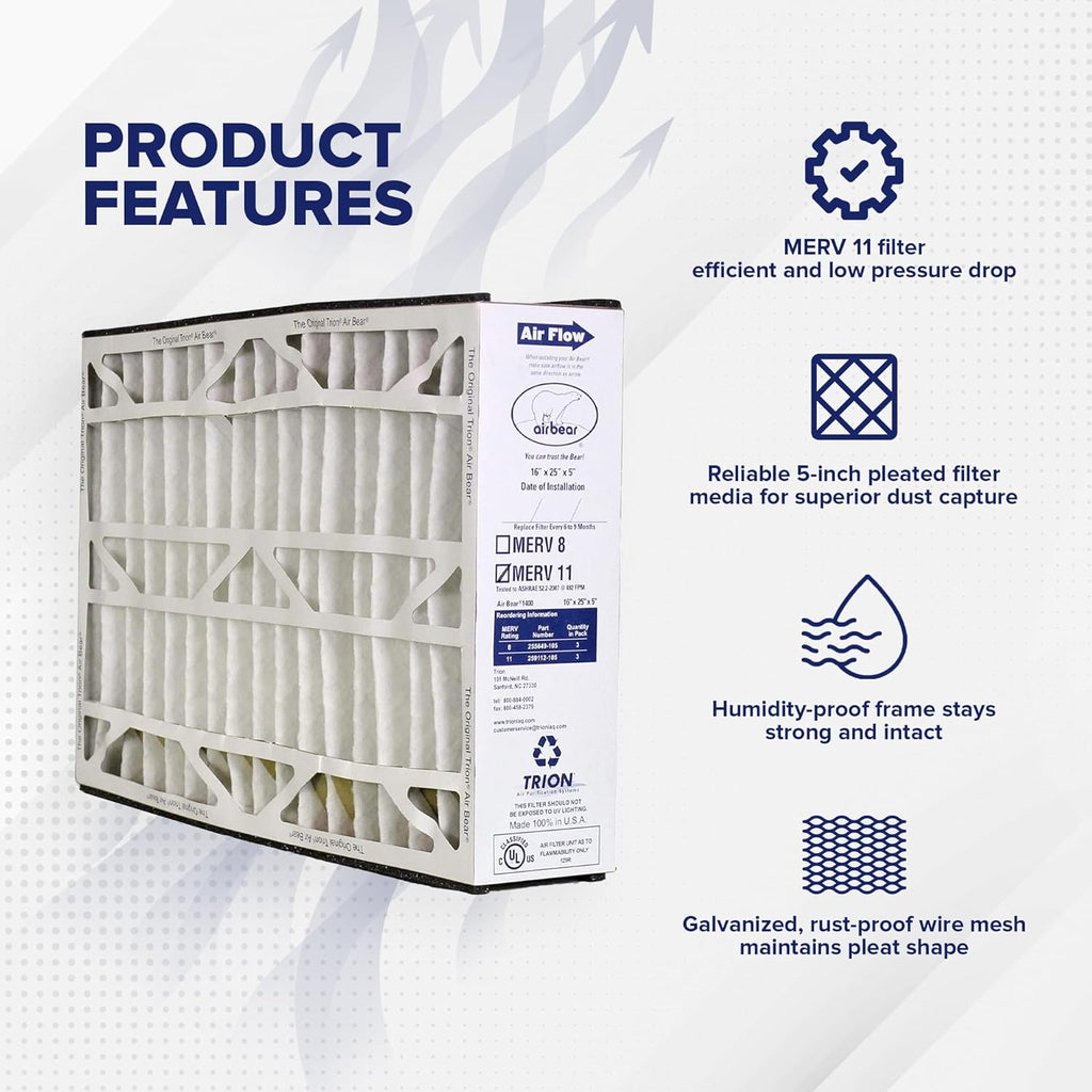 16 x 25 x 5 Inch MERV 11 High Performance Air Purifier Filter Replacement for Air Bear Cleaner Purification Systems, White (3 Pack)