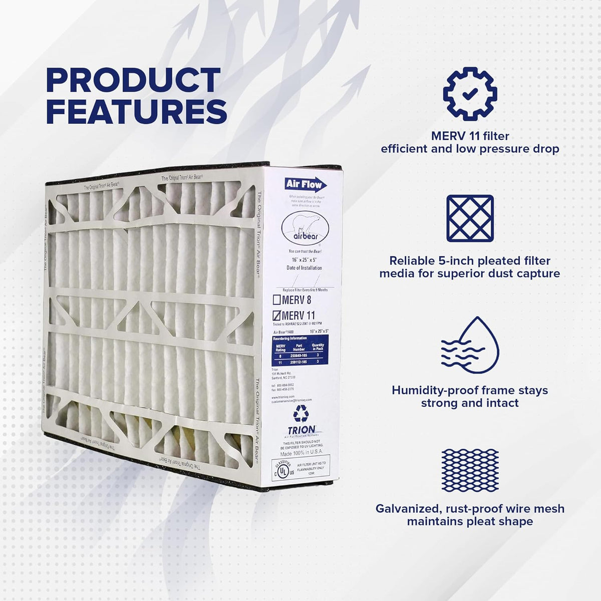 16 x 25 x 5 Inch MERV 11 High Performance Air Purifier Filter Replacement for Air Bear Cleaner Purification Systems, White (3 Pack)