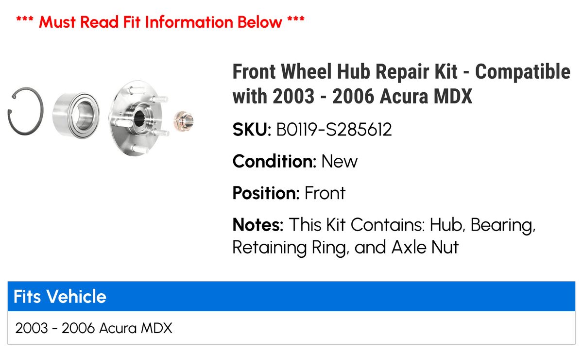 Front Wheel Hub Repair Kit - suitable with 2003 - 2006 Acura MDX 2004 2005
